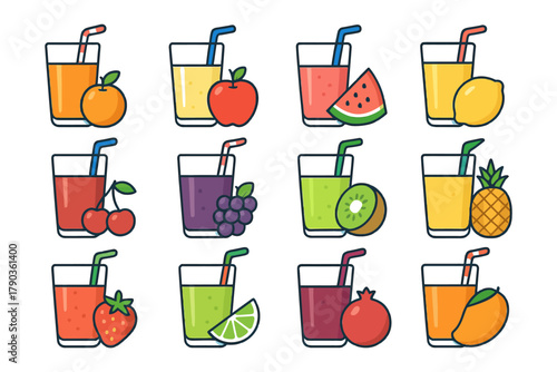 Colorful assorted fruit juices with straws and fresh fruits illustration.