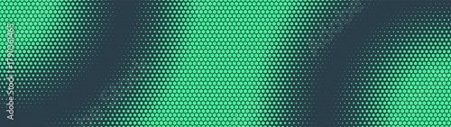 Hexagonal grid halftone pattern smooth blurred circular structure ultra wide 32:9 aspect ratio turquoise vector futuristic technology abstract background. Half tone graphics widescreen format backdrop