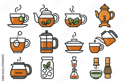 Variety of tea icons featuring cups, teapots, and brewing tools.