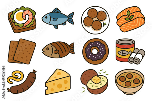 Varied food illustrations featuring fish, cheese, sushi, sausage, and crackers.