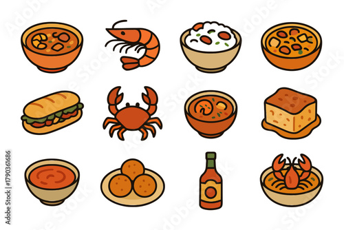 Assorted seafood dishes and condiments illustration with shrimp, crab, soup, and bread.