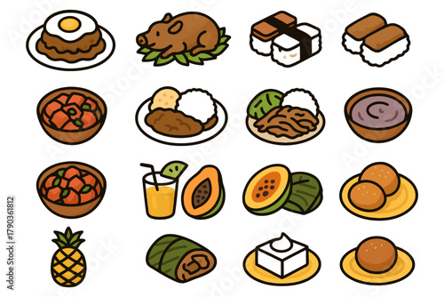 Assorted icon set of popular asian foods including rice, sushi, and fruit.