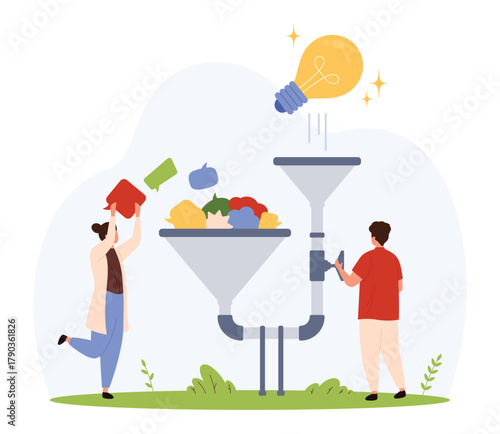 People collaborating by adding thoughts into a funnel, transforming feedback and brainstorming into a bright idea, symbolizing teamwork, innovation, and idea generation isolated vector illustration