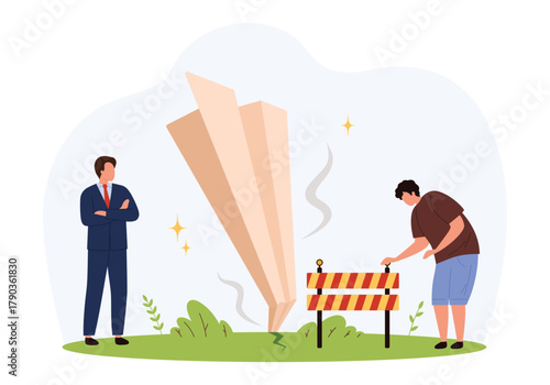 Businessman and casual man observe a crashed paper plane symbolizing business failure, obstacles, and setbacks in a flat style isolated vector illustration