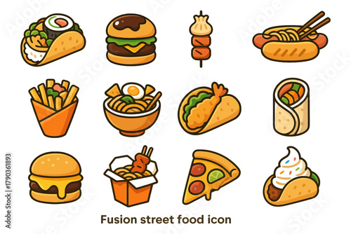 Fusion street food icons: tacos, burgers, noodles, pizza, ice cream.