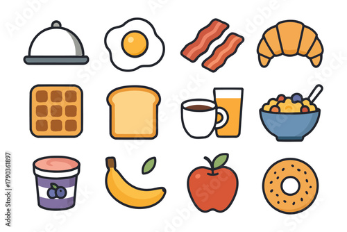 Breakfast icons collection: eggs, bacon, croissant, waffle, toast, coffee, juice, cereal, yogurt, banana, apple, bagel.