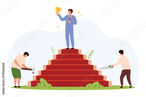 Businessman stands on top of red steps holding trophy while two people work with tools below, symbolizing career growth, teamwork, and rivalry isolated vector illustration