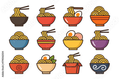 Colorful assorted noodle icons with bowls and chopsticks.