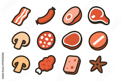 Assorted meat and mushroom icons on white background.