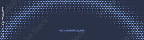 Twinkling stars halftone pattern arc semicircle border ultra wide 32:9 aspect ratio navy blue vector abstract background. Half tone graphic star shapes grid panoramic ultrawide format abstraction