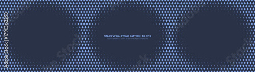 Twinkling stars halftone pattern triple framed round border ultra wide 32:9 aspect ratio deep blue vector abstract background. Half tone graphical blink star shapes grid ultrawide format backdrop