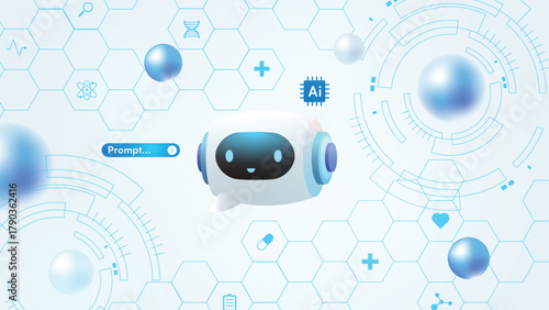 Cute AI Healthcare Chatbot with Hexagon Background. Futuristic Medical Assistant Bot for Digital Health and Telemedicine.