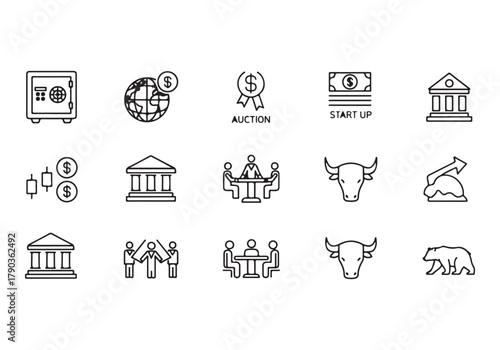 Bank and finance icon set, Business and corporation vector signs, global market, crowd funding, start up, Vector stock thin line design