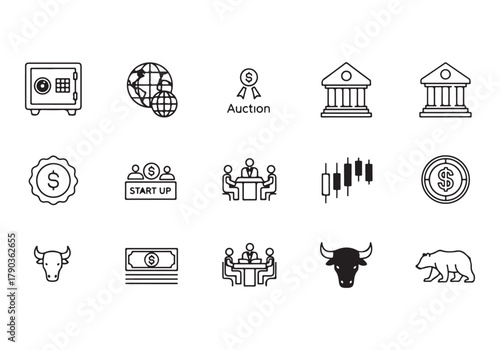 Bank and finance icon set, Business and corporation vector signs, global market, crowd funding, start up, Vector stock thin line design