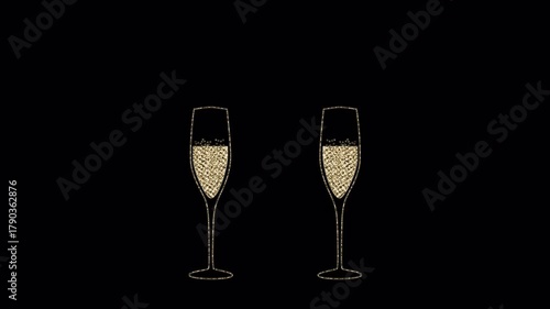 Two glasses of champagne made of golden particles clink on a transparent background. 