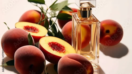 Slow motion video of sweet peach perfume fragrance bottle turning on top of ripe peaches on black background.Zoom out.AI Generative.