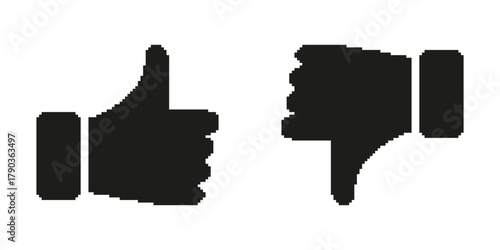 Thumbs Up And Down Pixel Art Icon Set. Approval And Disapproval, Feedback And Rating Symbol Collection. Social Media Interaction, User Engagement. Isolated Vector Illustration