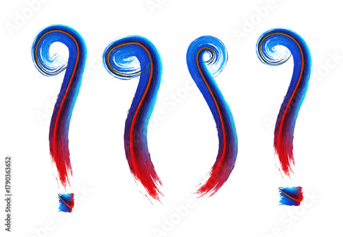 A set of creative red and blue acrylic paint brush stroke punctuation marks, including question and exclamation symbols. ideal for posters, typography design, branding, and digital art.