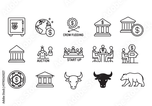 Bank and finance icon set, Business and corporation vector signs, global market, crowd funding, start up, Vector stock thin line design