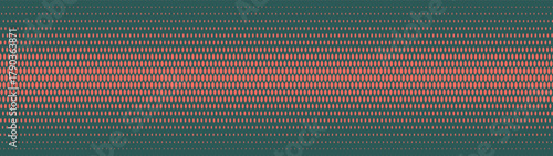 Scaly grid halftone pattern horizontal straight endless border ultra wide 32:9 aspect ratio vector dark green orange abstract background. Half tone ultrawide format retro futuristic cyberpunk backdrop