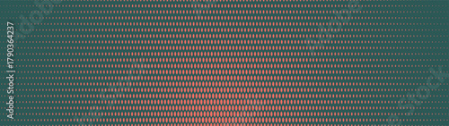 Scaly grid halftone pattern radial gradient ultra wide 32:9 aspect ratio vector dark green orange abstract background. Half tone graphics ultrawide format retro futuristic cyberpunk style abstraction
