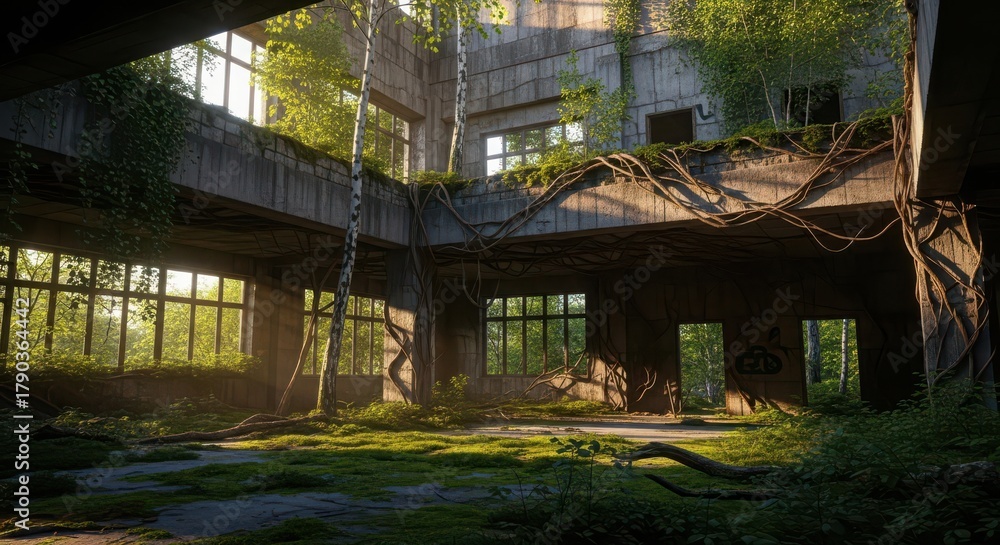 Obraz premium Overgrown abandoned building interior with sunlight streaming through windows, nature reclaiming urban decay