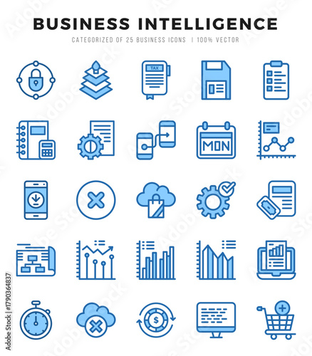 Set of Business Intelligence Icons. Simple line art style icons pack.