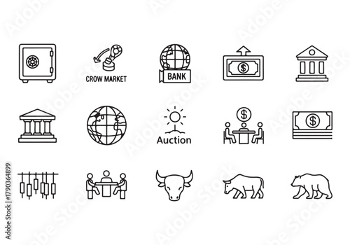 Bank and finance icon set, Business and corporation vector signs, global market, crowd funding, start up, Vector stock thin line design