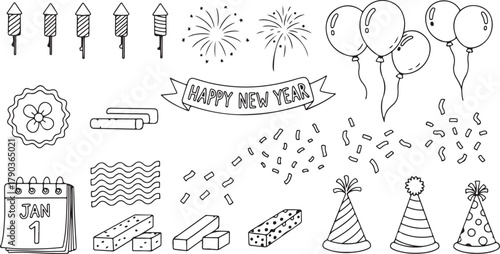 Festive new year elements in black and white line art illustration perfect for party decorations and celebration designs including fireworks confetti and party hats