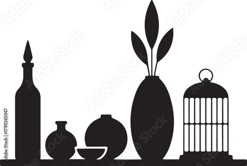 Decorative still life silhouette: elegant decanter, small vases, bowl, potted plant, and a classic birdcage on a shelf