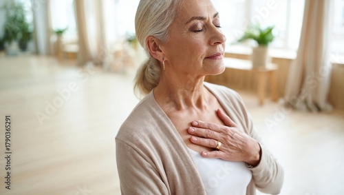 Senior woman practicing mindfulness and relaxation breathing deeply with closed eyes and hand on chest at home.