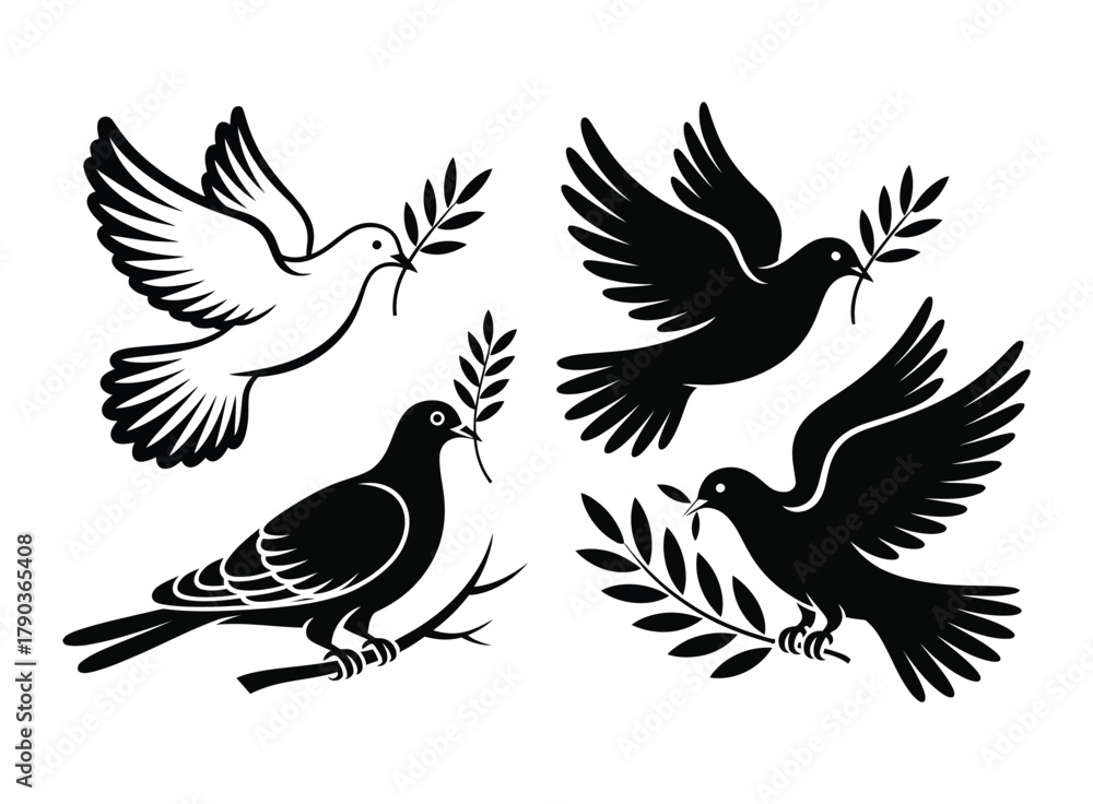 Obraz premium Four Doves with Olive Branches, Symbolizing Peace