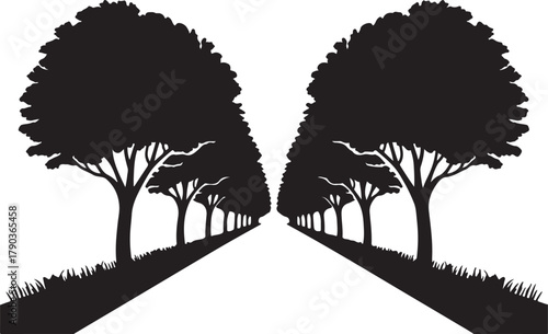 Tree Lined Pathway Silhouette Symmetrical Landscape Vector Illustration