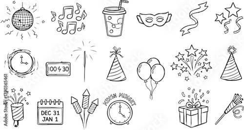 Festive New Years Eve Doodle Set for Celebratory Designs and Party Invitations Showcasing Joyful Icons and Traditional Elements of the Holiday Season
