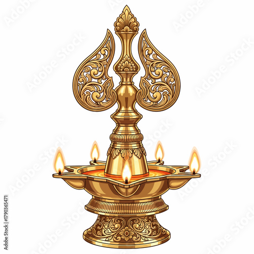 Luxurious golden ornate oil lamp with five flickering flames, radiating warmth and traditional elegance for festive celebrations and cultural decor.