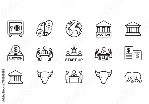 Bank and finance icon set, Business and corporation vector signs, global market, crowd funding, start up, Vector stock thin line design
