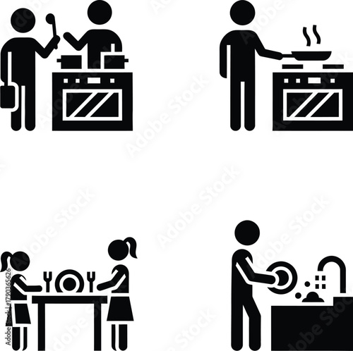 Stick figure icons depicting various kitchen and household chores like cooking, setting table, and washing dishes.