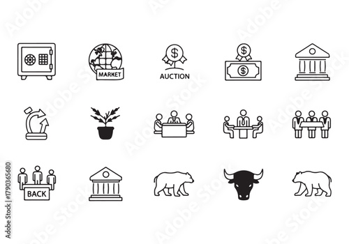 Bank and finance icon set, Business and corporation vector signs, global market, crowd funding, start up, Vector stock thin line design