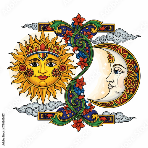 Vibrant sun and moon celestial art with ornate floral details and swirling clouds, evoking cosmic balance and mystical harmony for spiritual or decorative themes.
