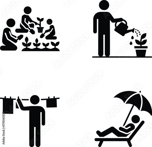Stick figures engaged in various daily life activities including gardening, watering plants, hanging laundry, and relaxing.