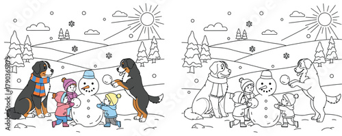 Cute dogs and children building a snowman in a snowy winter landscape, line art illustration for coloring book.