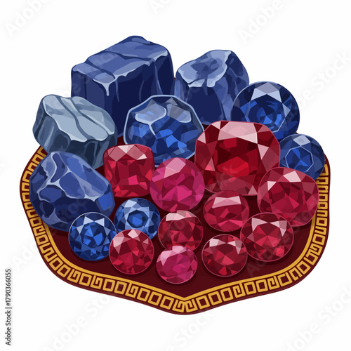 Discover dazzling collection of vibrant red rubies and deep blue sapphires sparkling with luxury and opulence on a rich tapestry