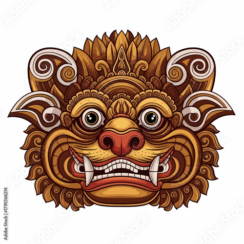 Intricate golden Balinese Barong mask art inspires cultural exploration and spiritual connection with its captivating, detailed design
