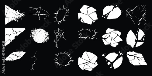 Collection of Cracked and Shattered Objects and Textures on Black Background