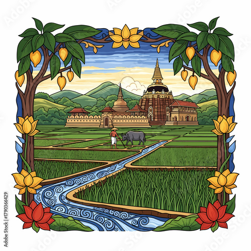 Serene rural landscape features a farmer tending rice paddies with a buffalo near ancient temples, framed by mango trees and lotus flowers.