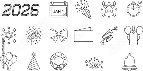 New Year 2026 celebration with outline icons representing fireworks party poppers calendars and other festive elements perfect for holiday greetings and promotional materials