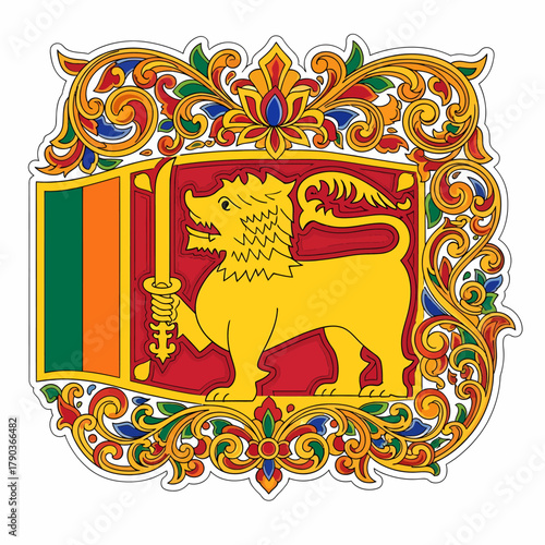 Vibrant Sri Lankan emblem with golden lion and intricate floral borders, symbolizing national pride and rich heritage.
