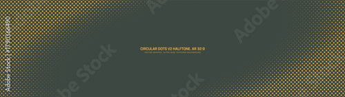 Circular halftone pattern tilted oval frame ultra wide 32:9 aspect ratio yellow green vector retro styled conceptual abstract background. Offset half tone ultrawide format retro futuristic technology