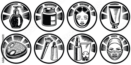 Collection of skincare product icons, showcasing beauty and treatment in elegant black and white vector illustration