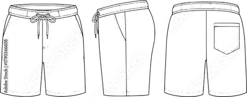 Men's drawstring elastic waist casual shorts technical flat sketch, front side back view, vector illustration for fashion design